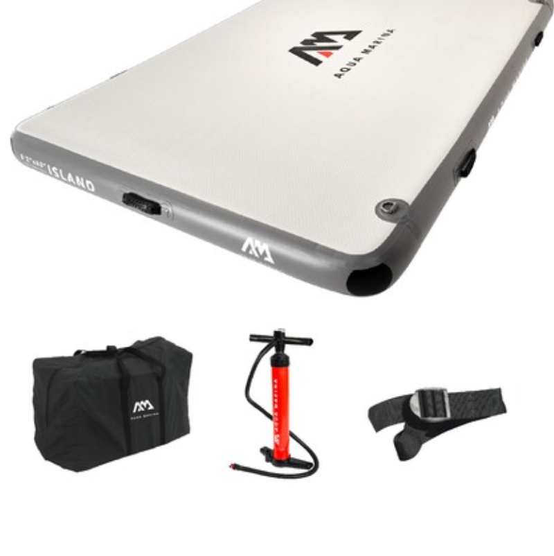 Aqua Marina Island Platform with air pump, connection strap, and carry bag.
