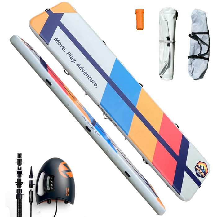 Adventure Board Inflatable Platform with electric pump, carrying bag, and patch kit.