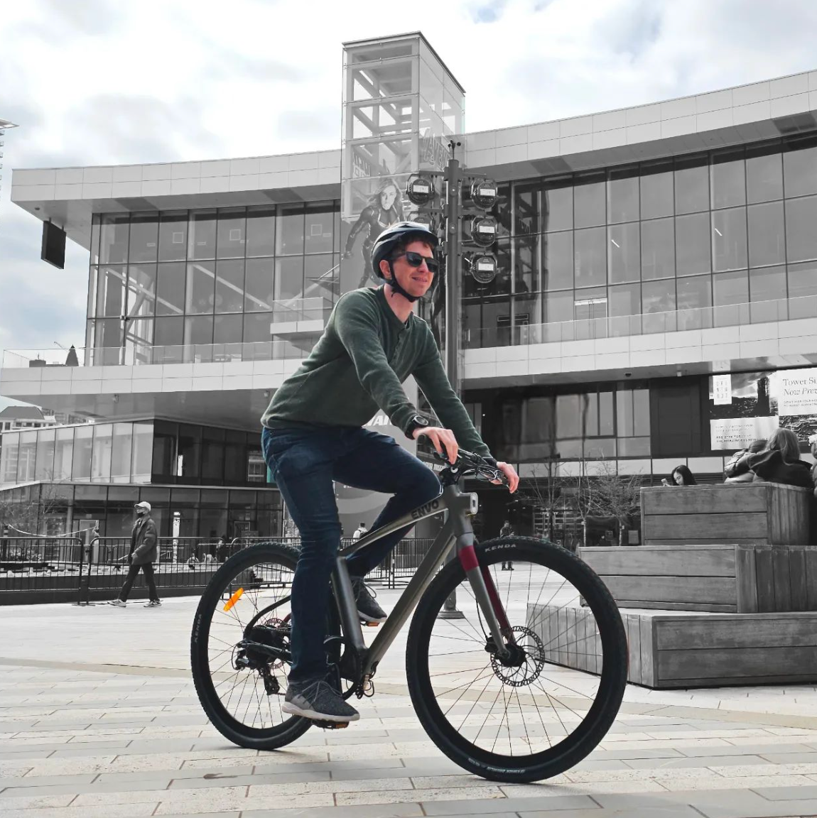 Man riding Envo Stax Electric bike.