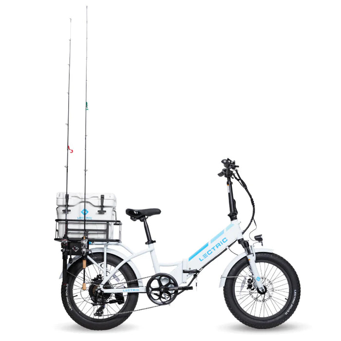 Lectric white XP 3.0 with Lectric eBike Fishing Rod Holder and Hard Cooler on bike.
