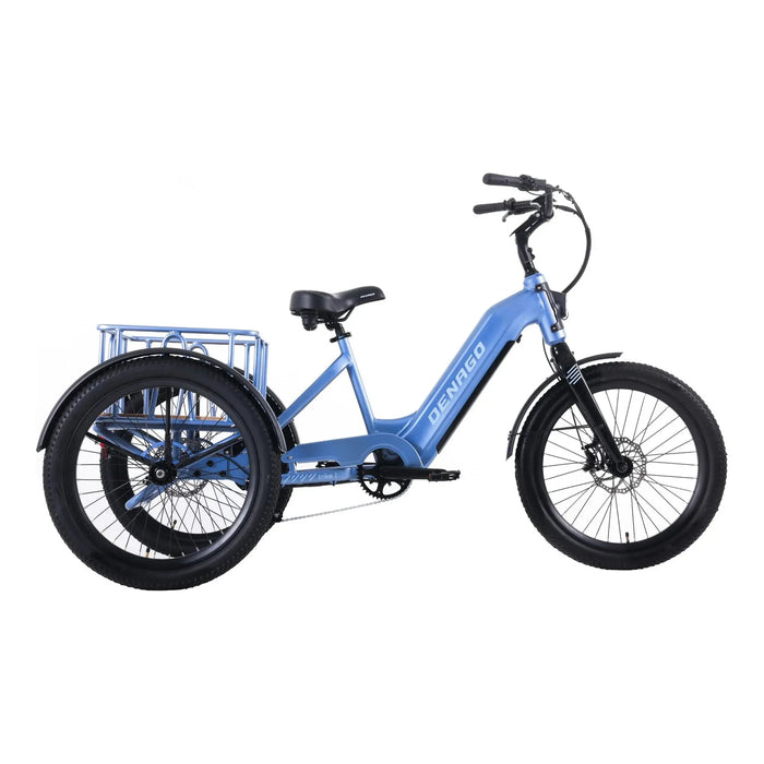 A right side view of a blue Denago Electric Trike.