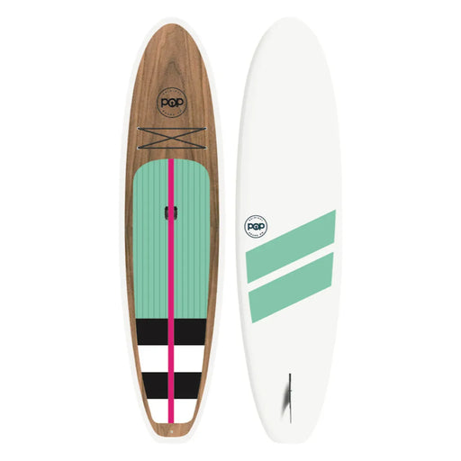 Product image of POP Board Co. 10'6" Amigo Wood paddleboard top and bottom view.