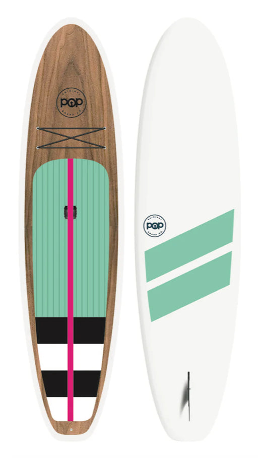 Product image of POP Board Co. 10'6" Amigo Wood paddleboard top and bottom view.