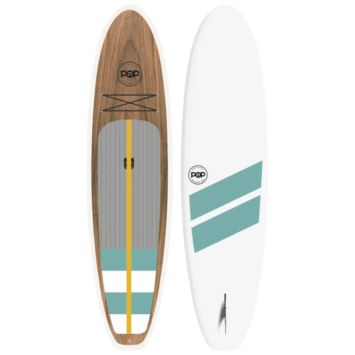 Product image of 11'6" POP Board Co. Amigo Wood paddleboard top and bottom view.