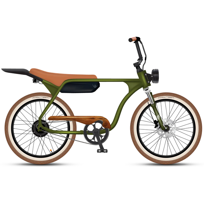 Electric Bike Company Model J Moto-Inspired E-Bike Army Green with Tan Leather Seat and Grips and Wood Chainguard