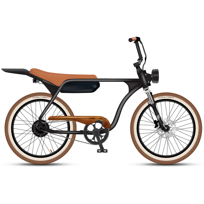 Electric Bike Company Model J Moto-Inspired E-Bike Black with Tan Leather Seat and Grips and Wood Chainguard