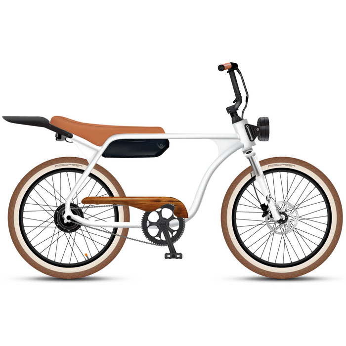 Electric Bike Company Model J Moto-Inspired E-Bike White with Tan Leather Seat and Grips and Wood Chainguard