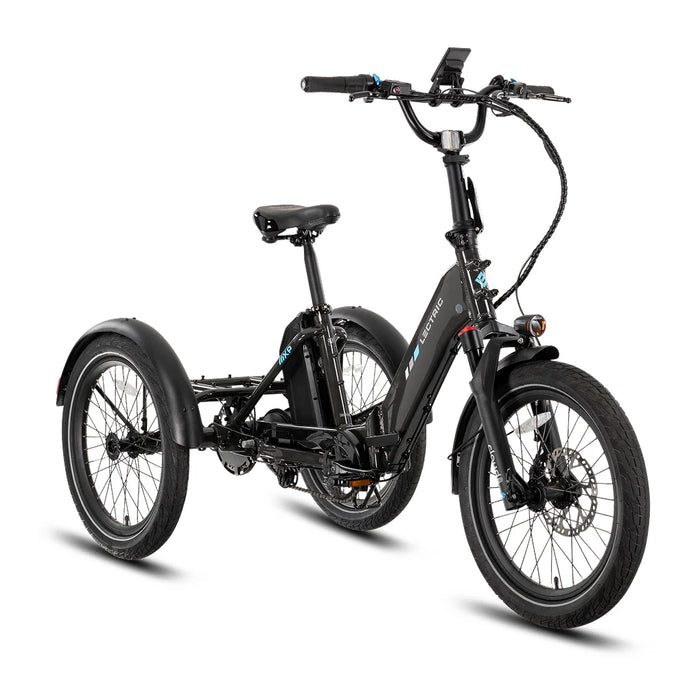 A Lectric XP Trike2 in Tempest Grey electric trike at an angle on a white background.