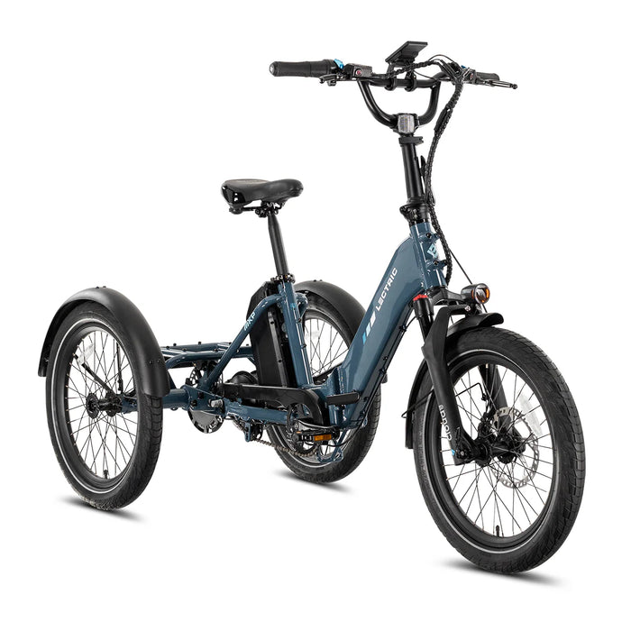 A Lectric XP Trike2 750W Electric Trike in Dusk Blue at an angle on a white background.