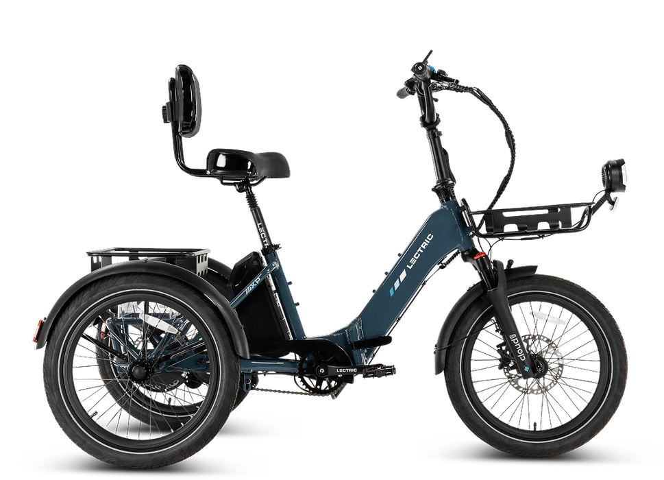 A Lectric XP Trike2 in Dusk Blue electric trike showing its side view on a white background.