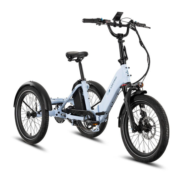 A Lectric XP Trike2 Electric Trike in Glacier Blue at an angle with a white background.