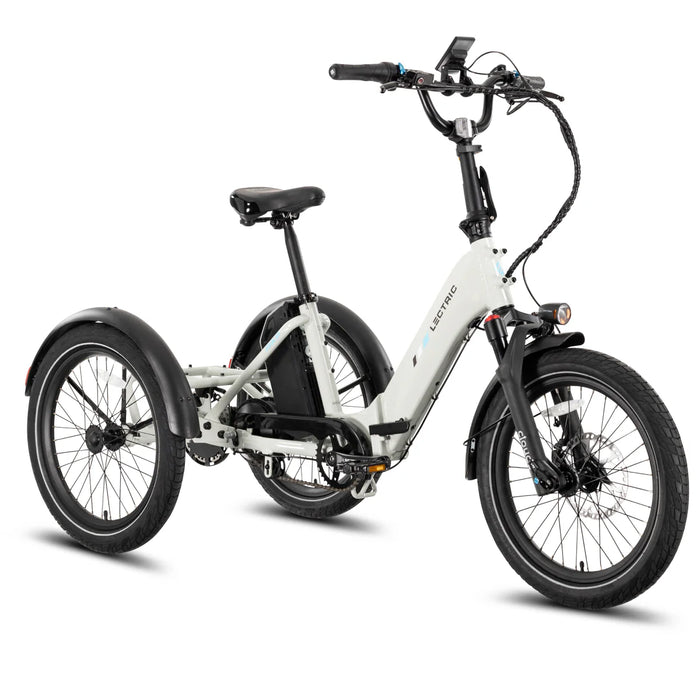 A Stratus White Lectric XP Trike2 electric trike at an angle on a white background.