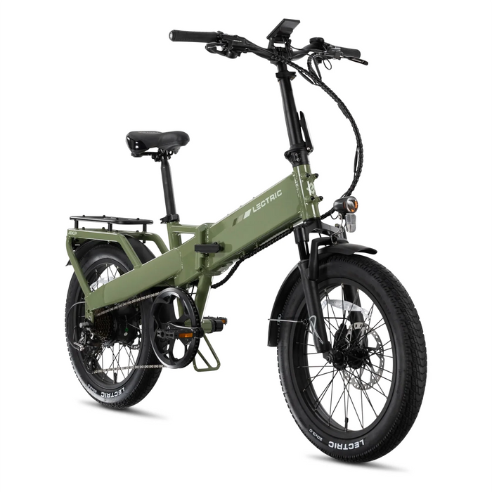 A Pine Green Lectric XP4 750W Step-Over electric bike at an angle on a white background.