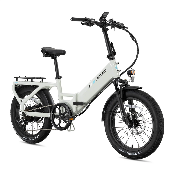 A Lectric XP4 750W Step-Thru electric bike in Stratus White at an angle on a white background.