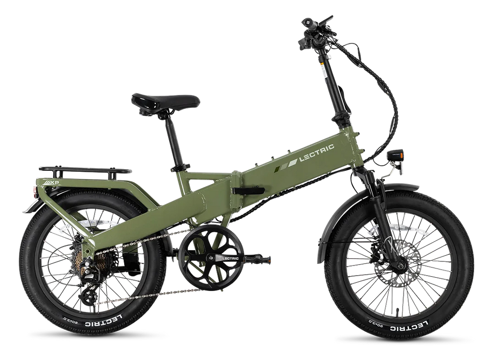 Pine Green Lectric XP4 Step-Over electric bike with 'LECTRIC' branding on the frame on a white background.