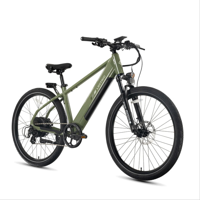 A Lectric Pine Green XPress2 Step-Over electric bike at an angle on a white background.
