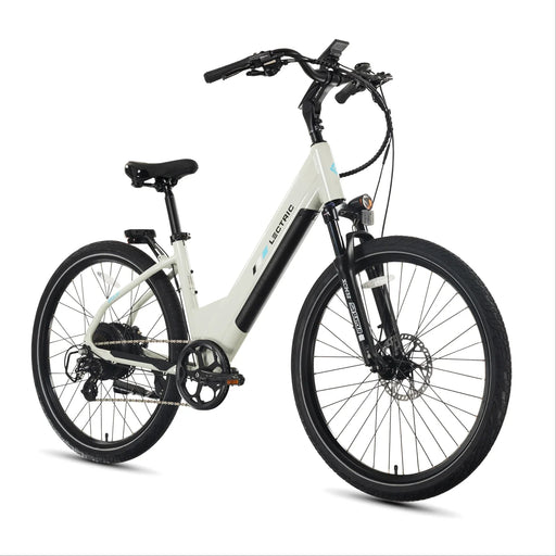 A Lectric XPress2 Step-Thru in Stratus White electric bike at an angle on a white background.