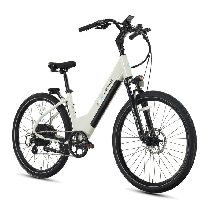 A Lectric XPress2 Step-Thru in Stratus White electric bike at an angle on a white background.