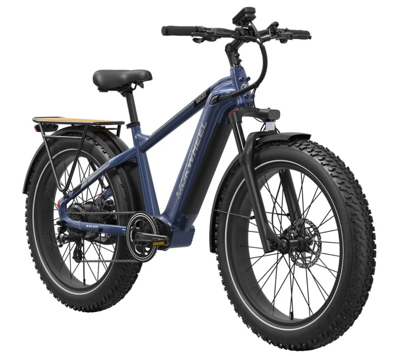 A DarkBlue Mokwheel Basalt 2.0 Step-Over electric fat tire bike with a rear cargo rack, shown from a three-quarter angle on a solid white background.