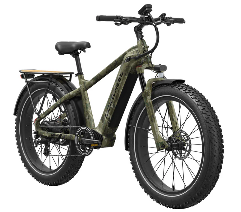 The Mokwheel Basalt 2.0 Step-Over fat tire electric bike in Jungle Camo at an angle on a white background.