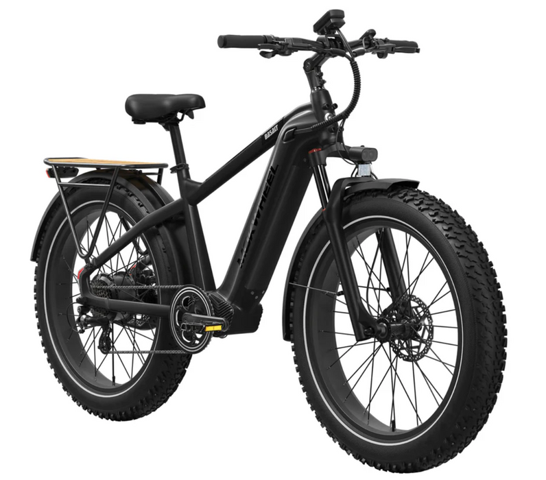 The Phantom Black Mokwheel Basalt 2.0 Step-Over electric fat tire bike with a rear cargo rack, fenders, and a integrated battery, shown on a clean white background at an angle.