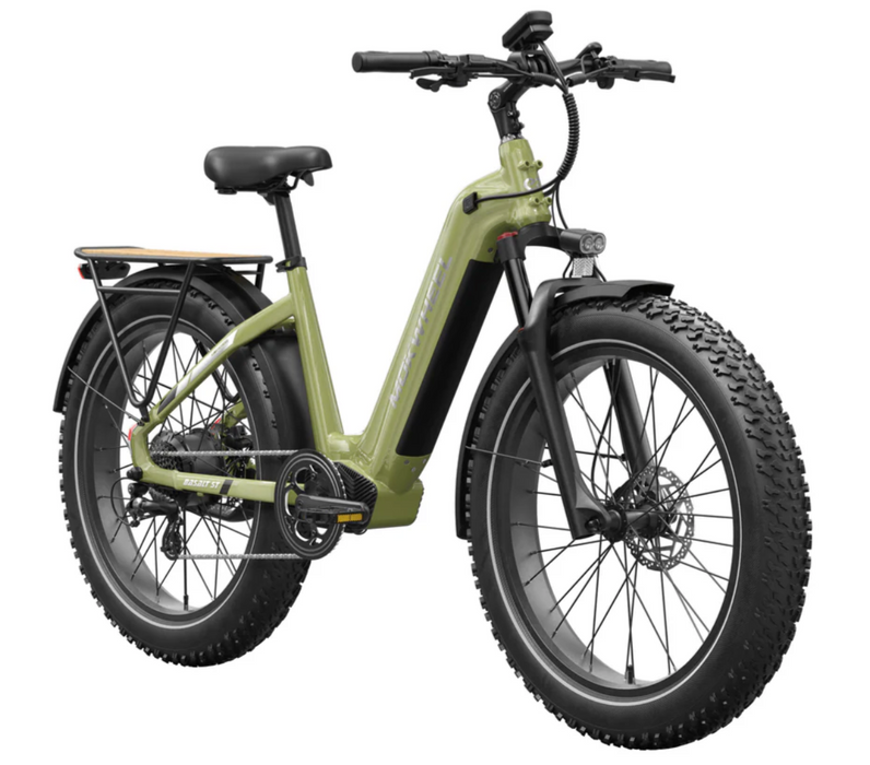The Mokwheel Basalt 2.0 Step-Thru electric fat tire bicycle in olive green with black components, shown from a three-quarter front angle on a solid white background.