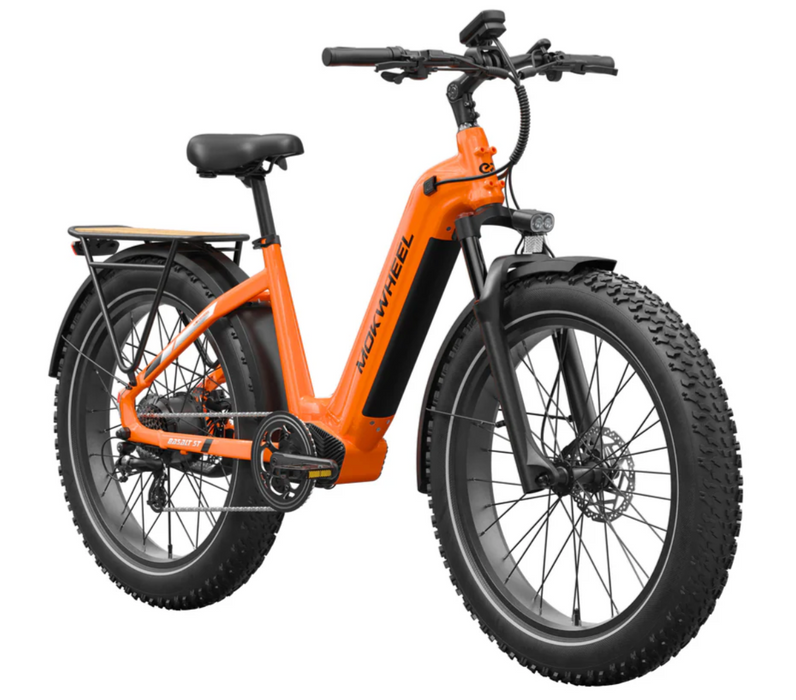 A Mokwheel Basalt 2.0 Step-Thru electric fat tire bike in Orange shown from a three-quarter rear angle against a solid white background. The brand name 'MOWWHEEL' is printed vertically on the frame.