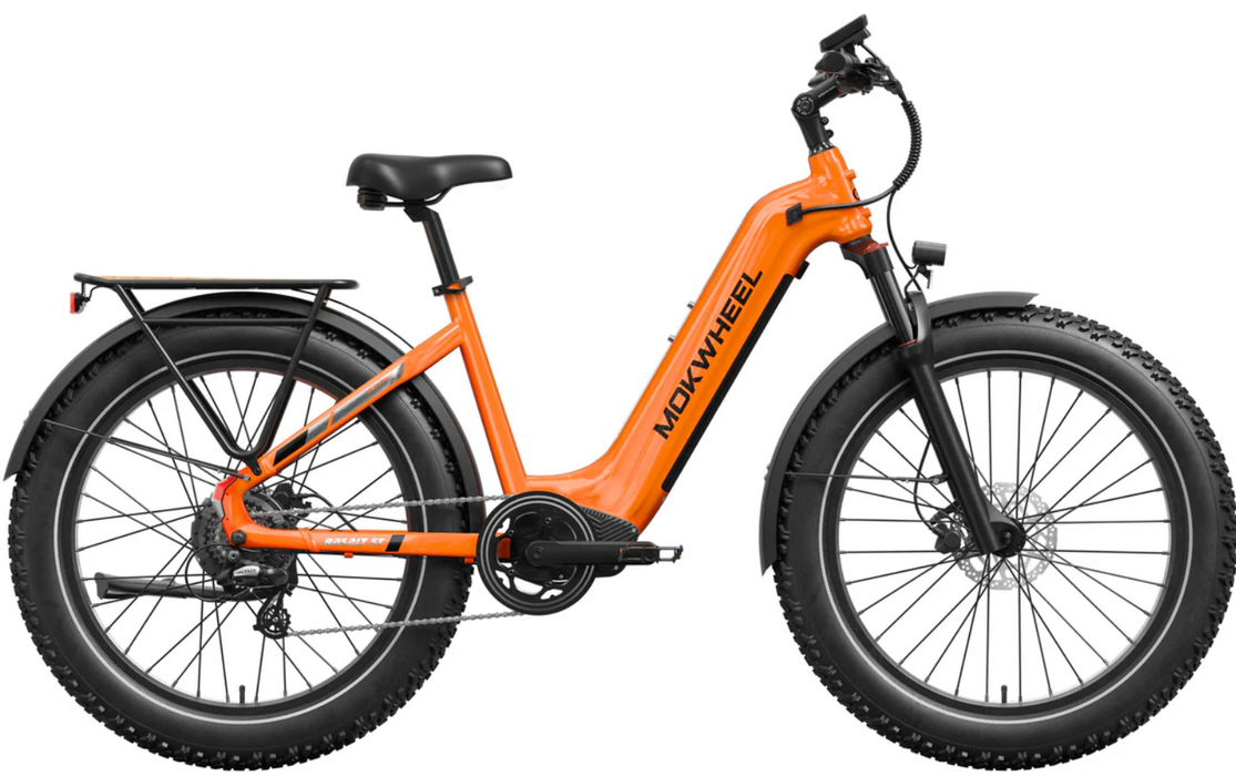 The Orange Mokwheel Basalt 2.0 Step-Thru fat tire electric bike set with side showing on a white background.