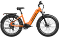 The Orange Mokwheel Basalt 2.0 Step-Thru fat tire electric bike set with side showing on a white background.