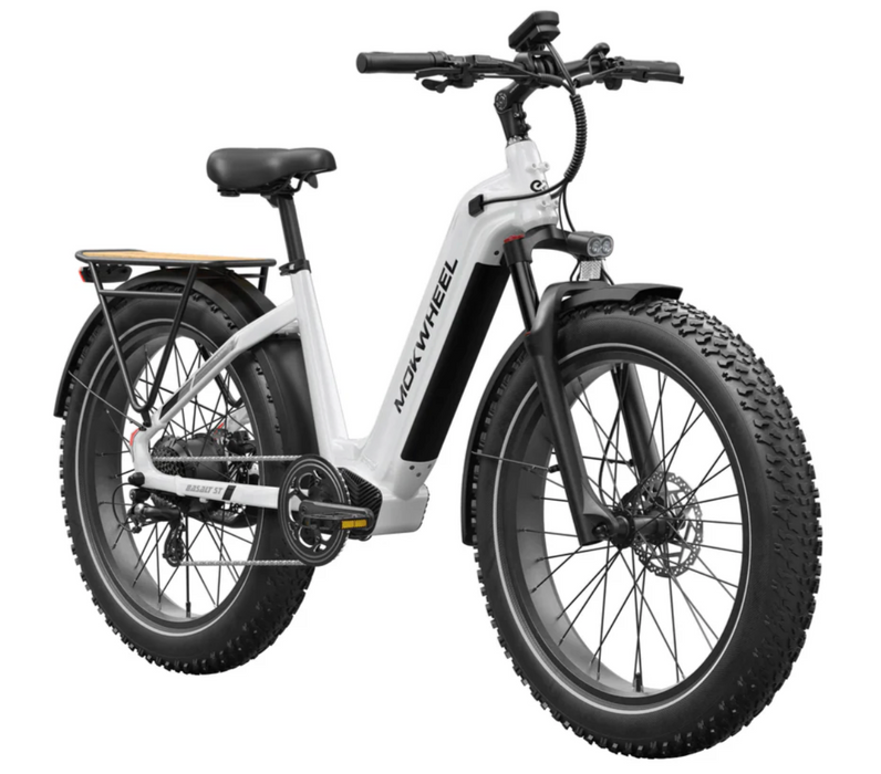 A white Mokwheel Basalt 2.0 Step-Thru with and black accents electric fat tire bike with a rear cargo rack, shown on a clean white background. The brand name 'MOK WHEEL' is printed vertically on the frame.