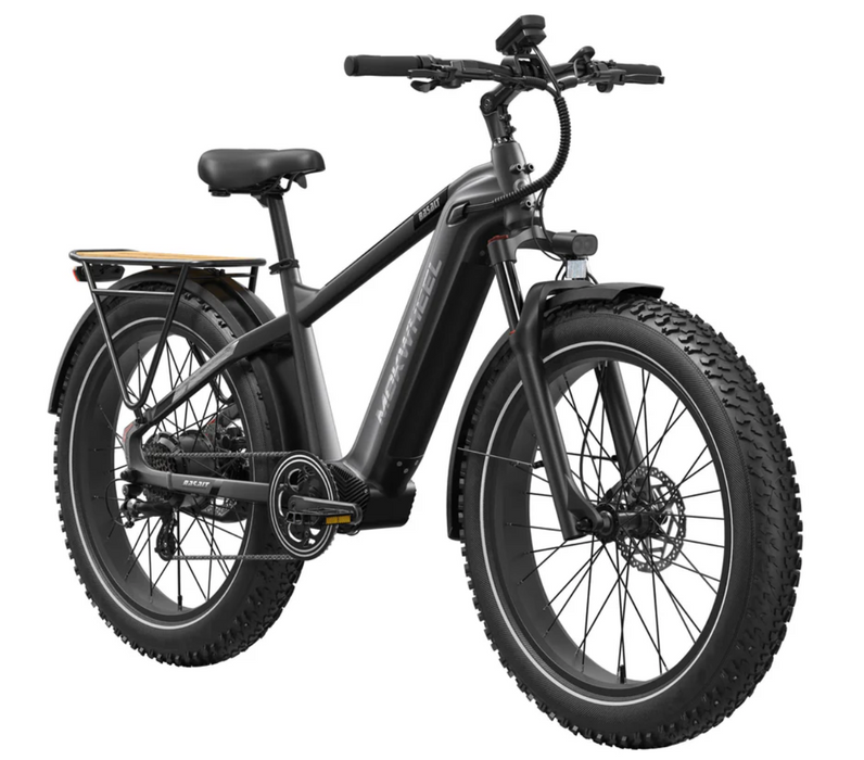 The Mokwheel Grey Basalt 2.0 Step-Over fat tire electric bike with a rear cargo rack, fenders, and an integrated battery in the frame, shown on a plain white background at an angle.