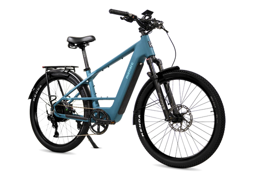 A Monarc Tracer high-step electric bike in the color called Superior with black components, including tires, saddle, and handlebars, shown from a three-quarters angle on a white background. 
