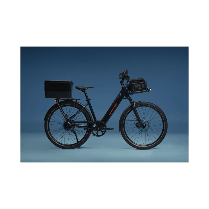 Rad Power Bikes RadKick side view with baskets and blue background.