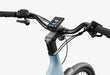 Close up view of the Urtopia Carbon Classic ST's cockpit on a Glacier Blue electric bike with a white background.