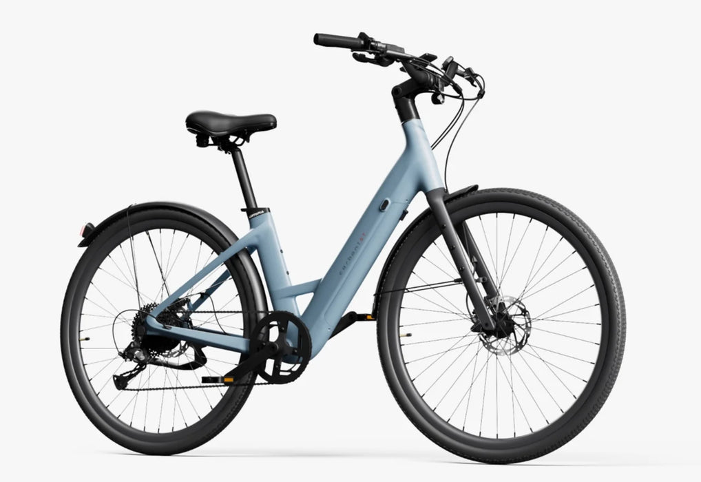The Urtopia Carbon Classic Step-Thru eBike in Glacier Blue at an angle on a white background.