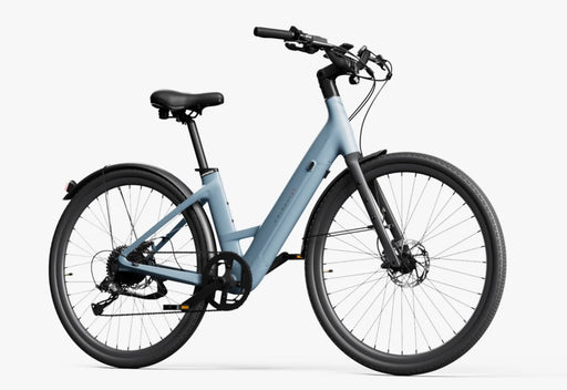 The Urtopia Carbon Classic Step-Thru eBike in Glacier Blue at an angle on a white background.