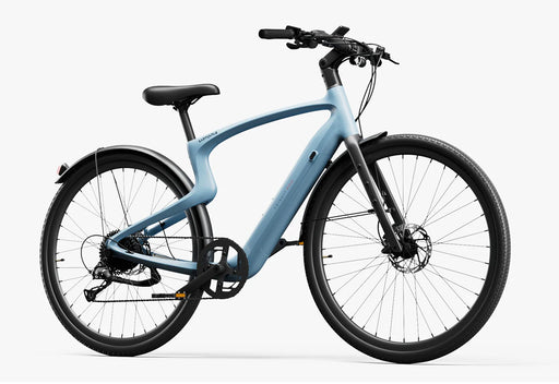 A blu Urtopia Carbon Classic Step-Over electric bike with black components, shown from a side profile against a clean white background.