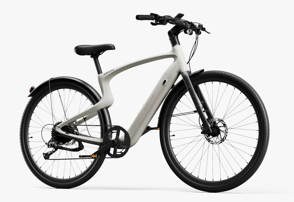 Creme electric bike by Urtopia called the Urtopia Carbon Classic in a Step-Over frame set at an angle on a white background.