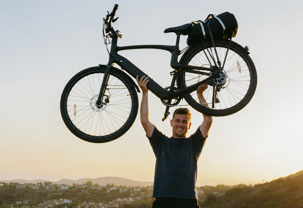 A man outdoors at sunset holding a matte black electric bike by Urtopia called the Carbon Classic above his head with both hands. The bike has a rear pannier bag and is shown against a warm sky with hills in the background.