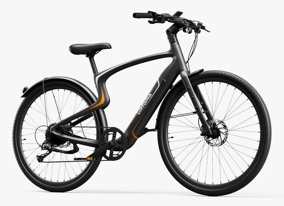 A dark gray step-over electric bike with orange accent lines and a black seat, manufactured by Urtopia and called the Carbon Classic and shown from a side profile on a white background.