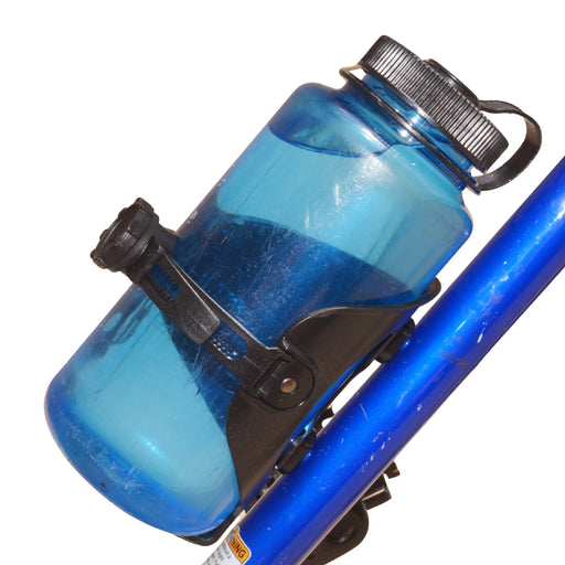 The Bikase ABC Water Bottle Cage mounted on blue bicycle.