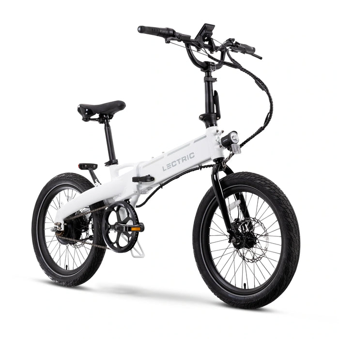 Lectric White XP Lilte 2.0 electric bicycle parked at an angle. 