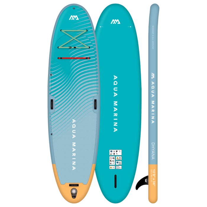 Aqua Marina Dhyana SUP top, bottom, and side of board.