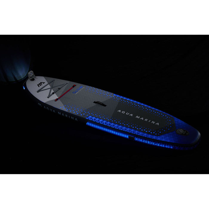 Top view of the Aqua Marina Glow Inflatable Paddle Board lit up in blue.