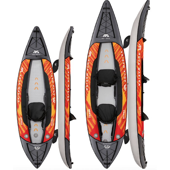 Aqua Marina Memba Touring Inflatable Kayaks 12'10" and 10'10", top and side view.