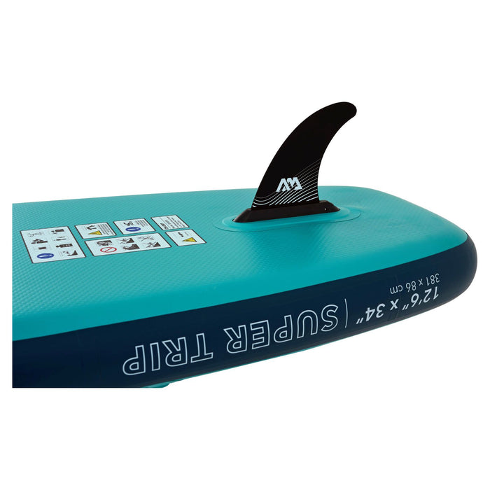 Aqua Marina Super Trip Inflatable SUP bottom of board with fin.