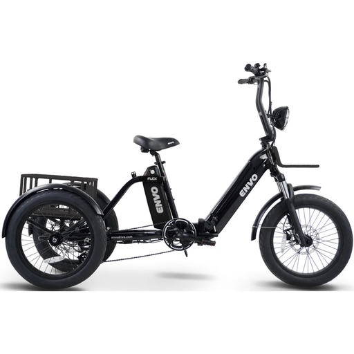 ENVO Flex Electric Trike in black with dual batteries showing ride side view.