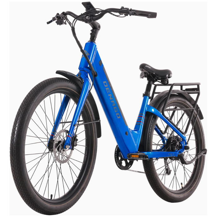 Blue Denago City 3 eBike left side view front tire closest.