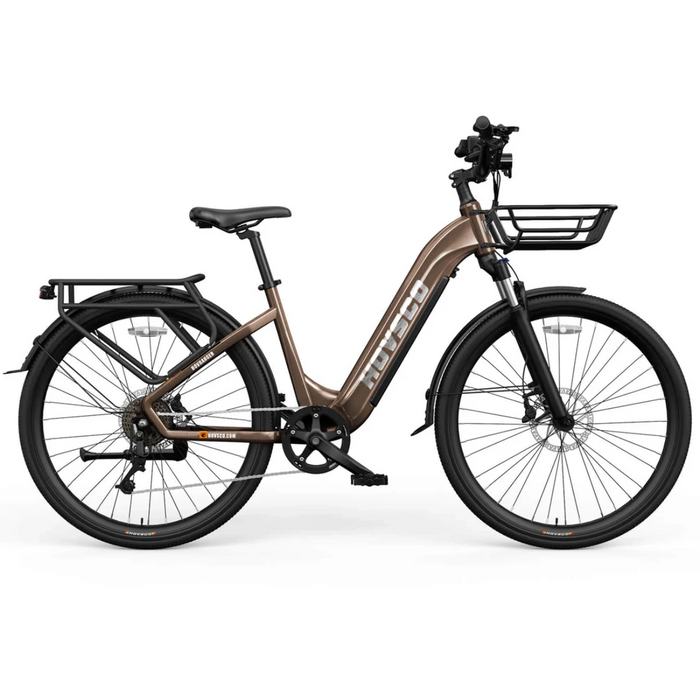 Bronze HOVSCO HovRanger 27.5" Step-Thru Electric Bike with basket on front.