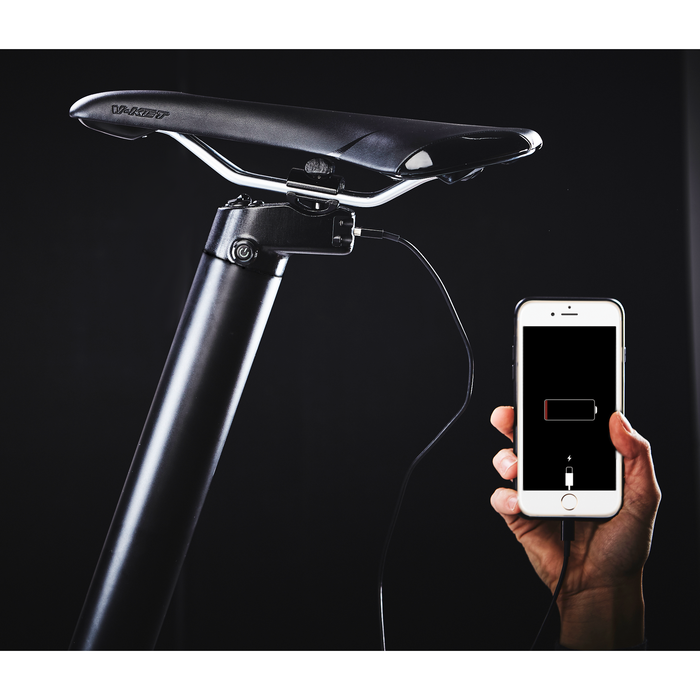 Carbo X ebike seat post battery with USB plug to charge phone.